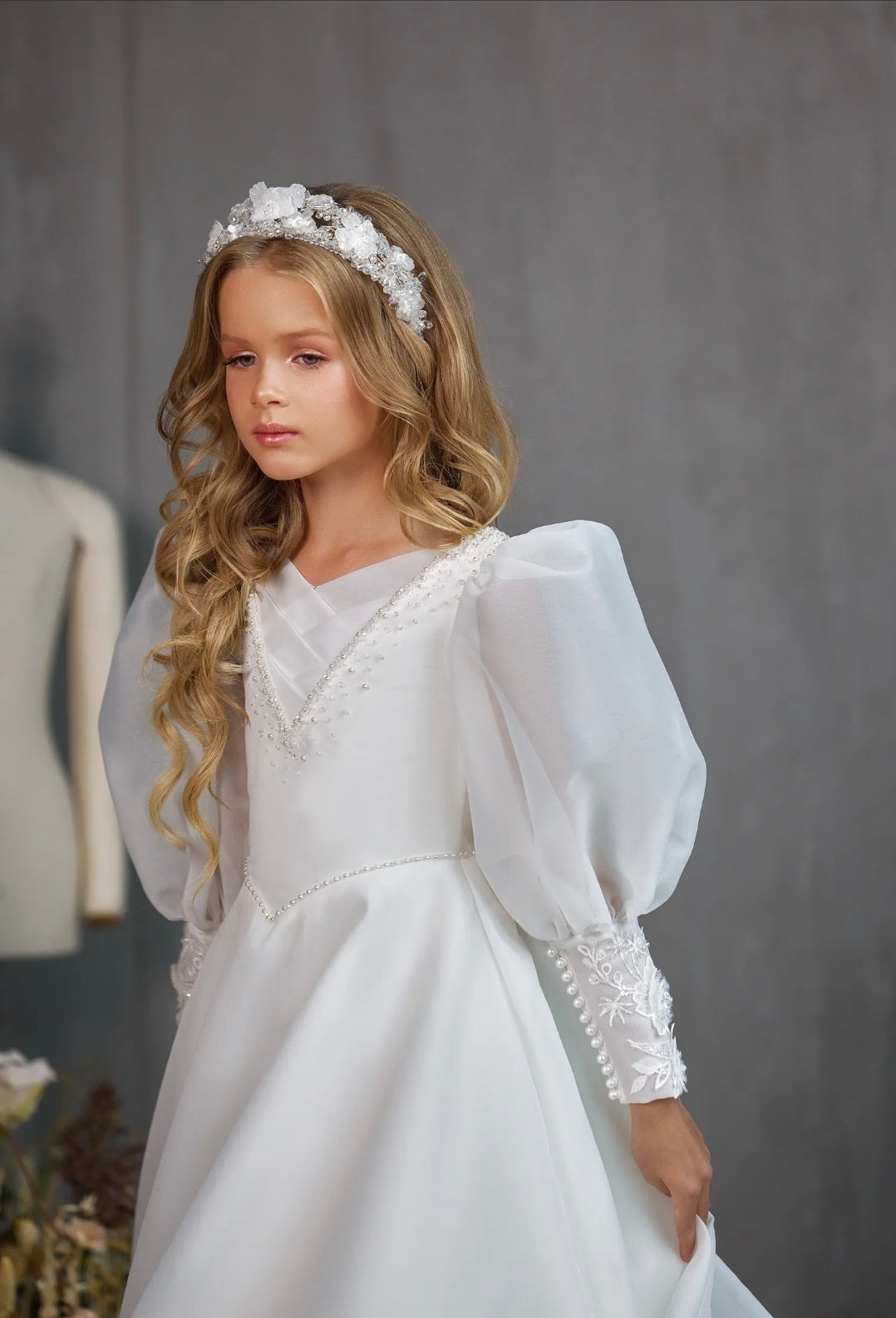 Beautiful And Elegance A-Line Long Sleeve Floral Lace Pearl Beaded Detail Flower/Communion Gown