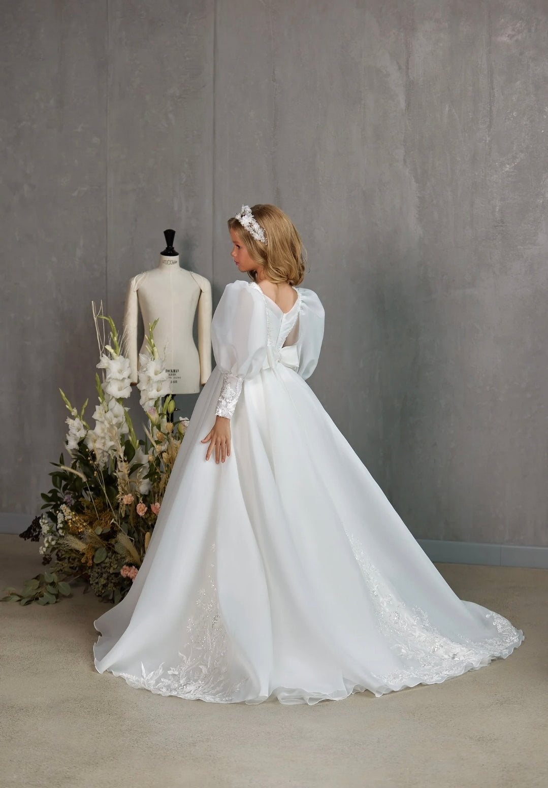 Beautiful And Elegance A-Line Long Sleeve Floral Lace Pearl Beaded Detail Flower/Communion Gown