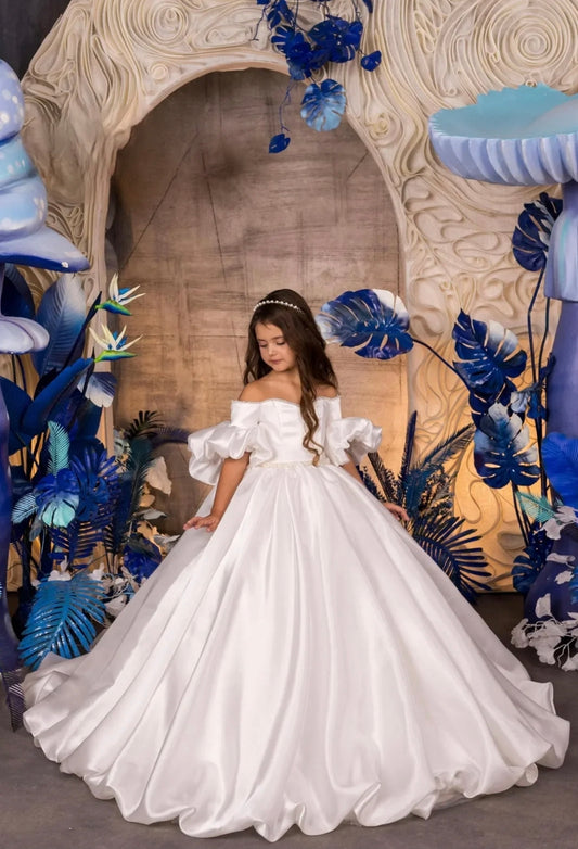 Satin Off The Shoulder Pearl Beaded Trim Sweetheart Flower Girl Gown