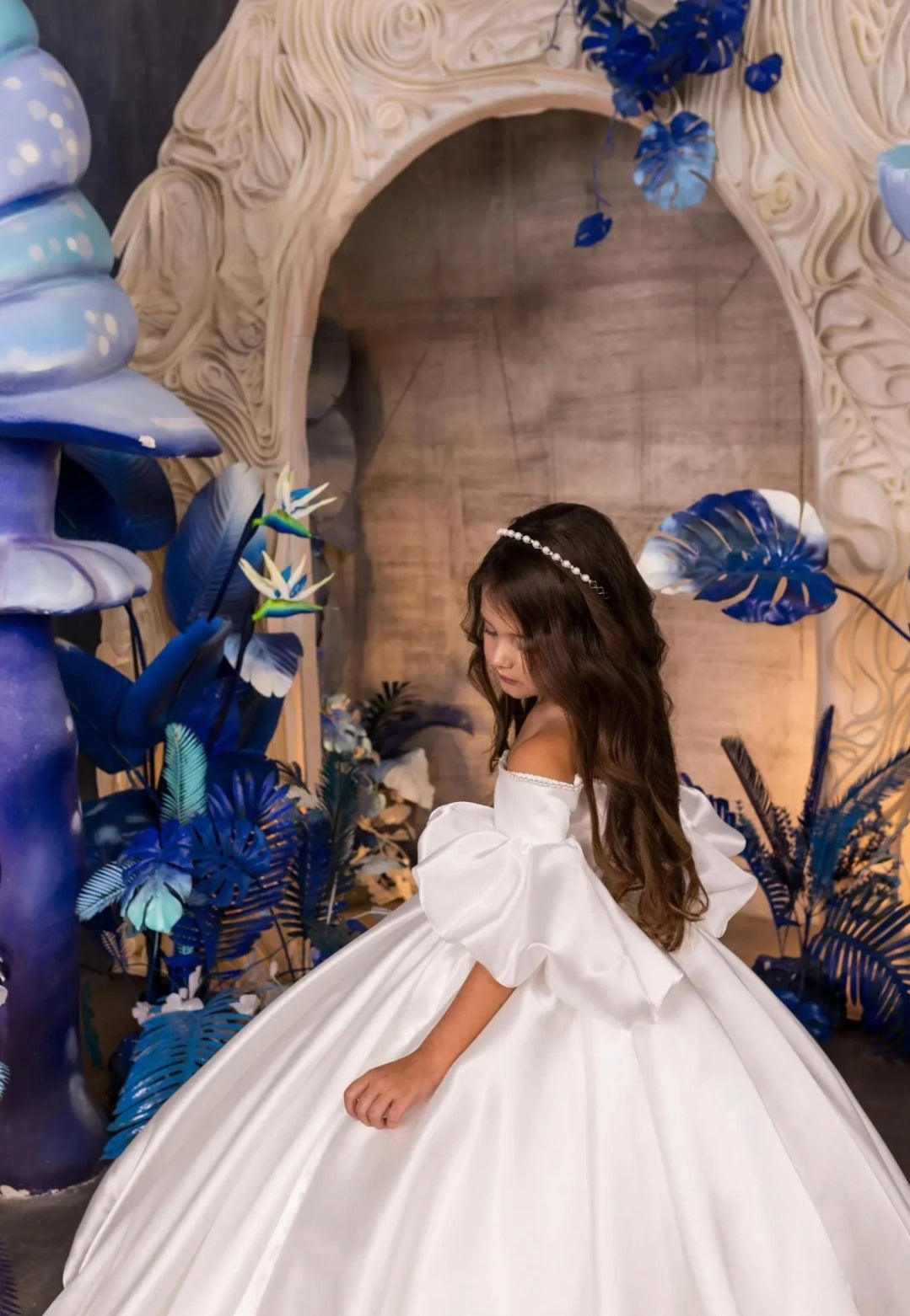Satin Off The Shoulder Pearl Beaded Trim Sweetheart Flower Girl Gown