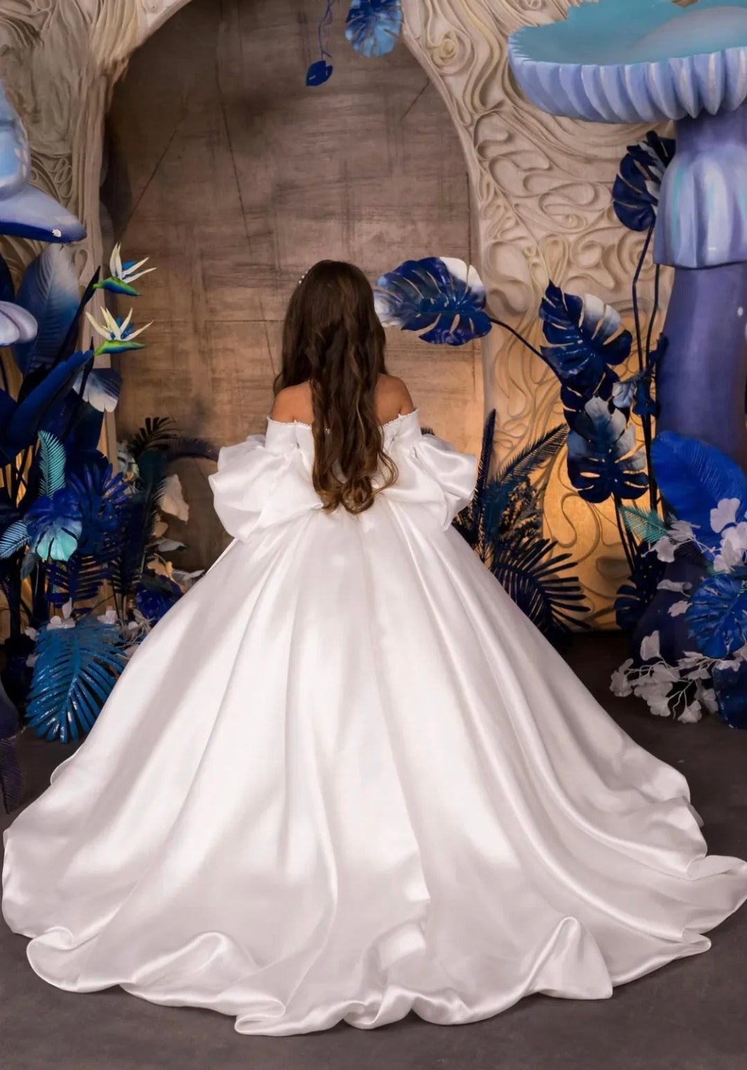 Satin Off The Shoulder Pearl Beaded Trim Sweetheart Flower Girl Gown