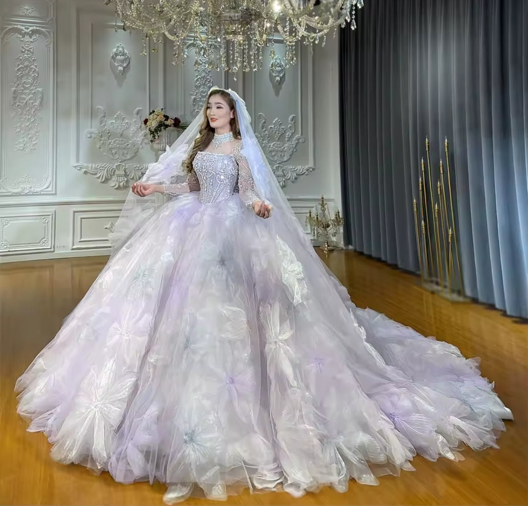 Gorgeous Multi Beaded Long Sleeve Corset Big Floral Quinceañera, Bridal, Special Occasion, Pageant Ball Gown