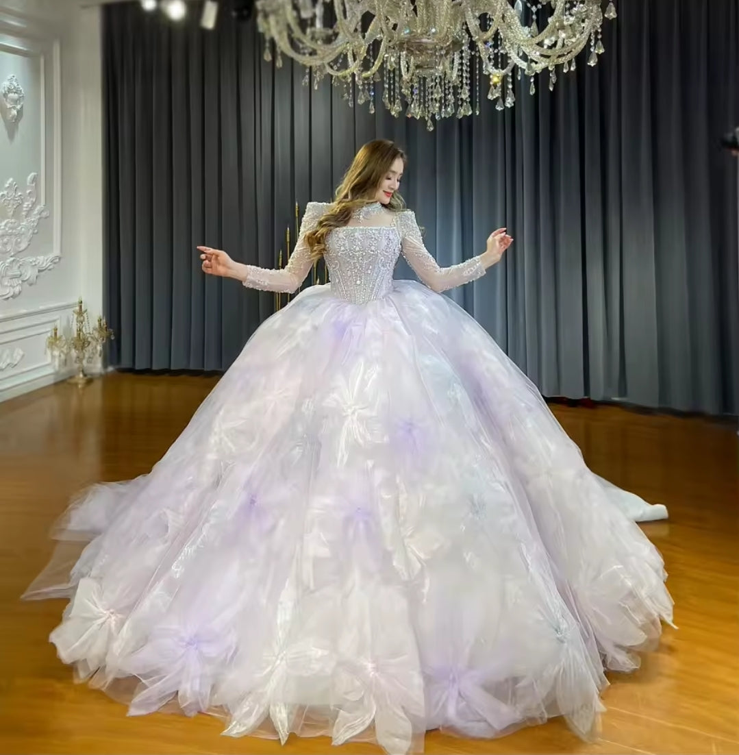 Gorgeous Multi Beaded Long Sleeve Corset Big Floral Quinceañera, Bridal, Special Occasion, Pageant Ball Gown