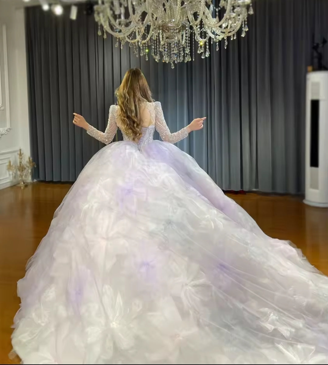 Gorgeous Multi Beaded Long Sleeve Corset Big Floral Quinceañera, Bridal, Special Occasion, Pageant Ball Gown
