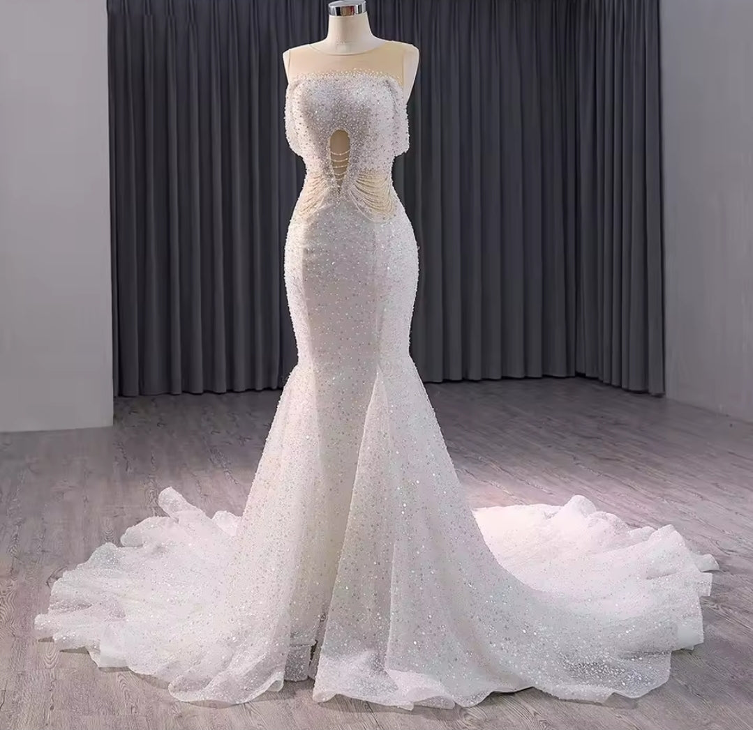 Elegant Sleeveless Crystal Beaded Illusion Boat Neck Bridal & Ceremonial Gown With Draped Beading And Cutout Center Detail