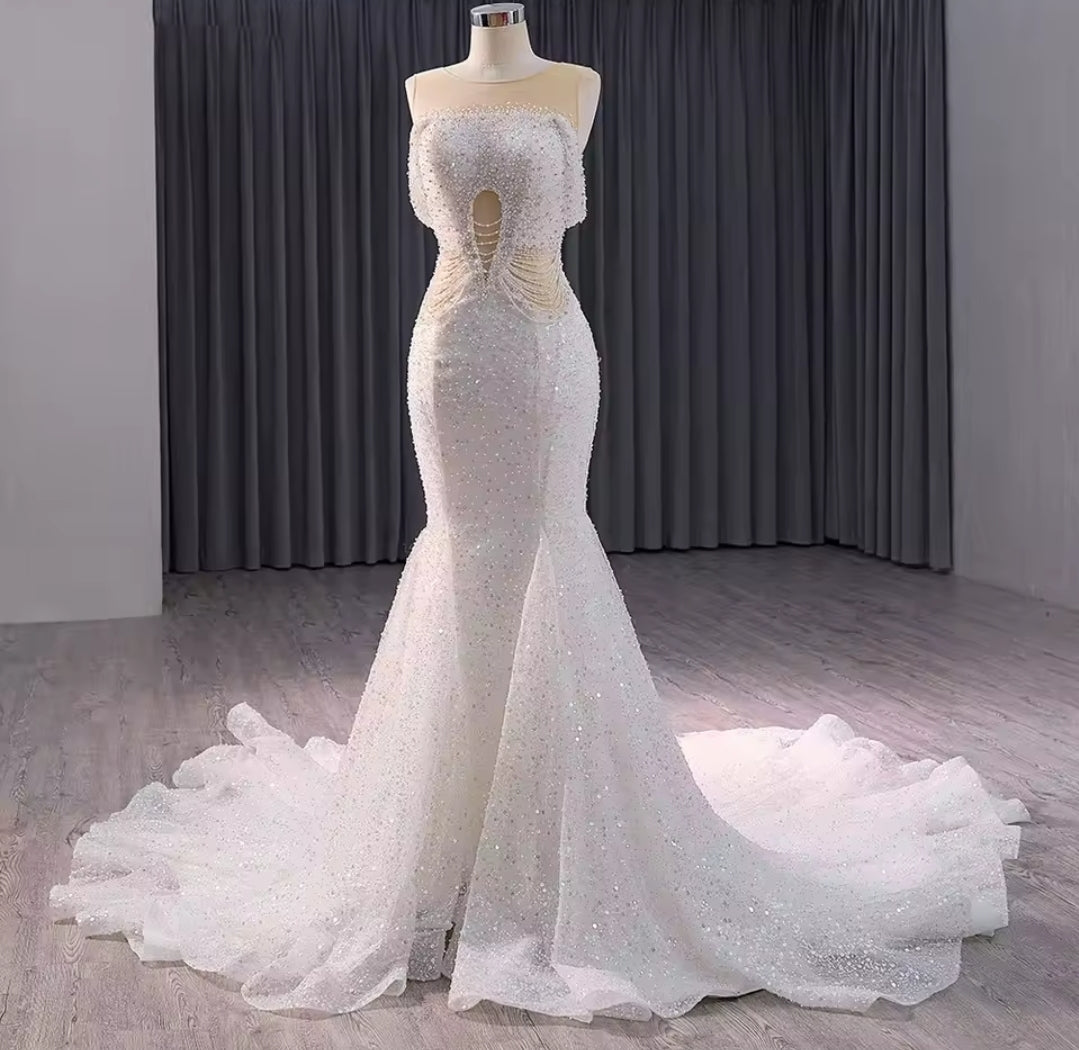 Elegant Sleeveless Crystal Beaded Illusion Boat Neck Bridal & Ceremonial Gown With Draped Beading And Cutout Center Detail