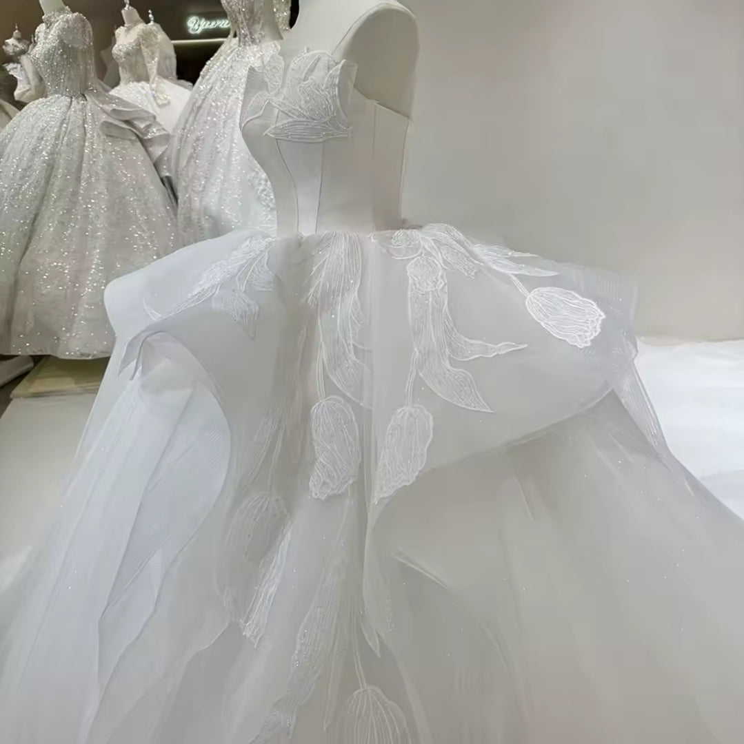 Strapless Sweetheart Bold And Beautiful Big Floral Lace Detailed Layered Sparkling Bridal & Ceremonial Ball Gown