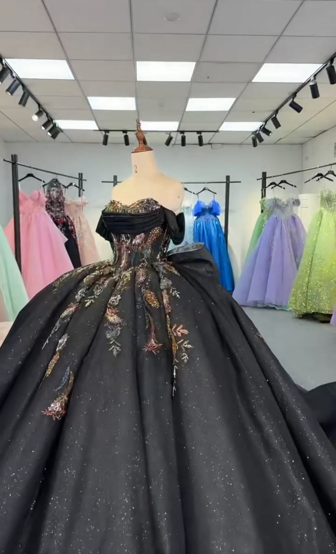 Off The Shoulder Black Multi Colored Floral Lace Sweetheart Draped Sequin Quinceañera, Bridal, Special Occasion, Pageant, Bat Mitzvah Ball Gown