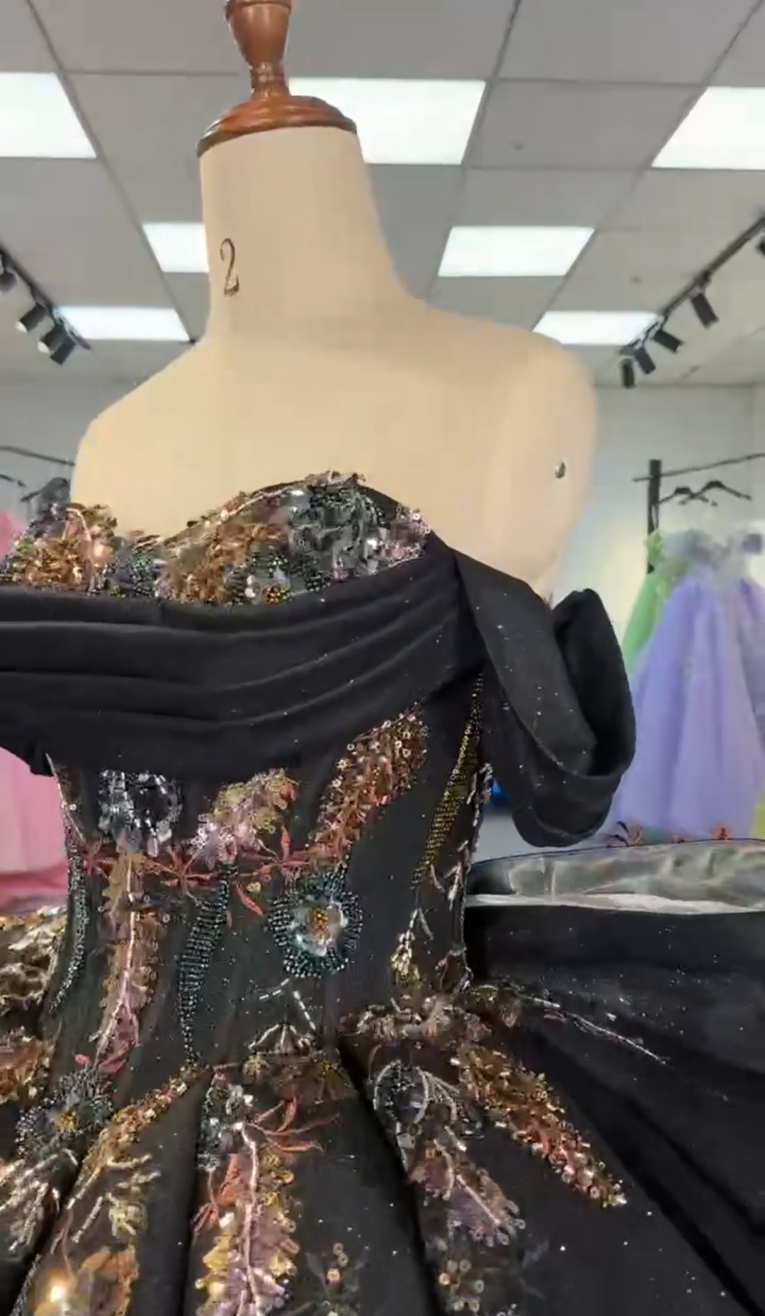 Off The Shoulder Black Multi Colored Floral Lace Sweetheart Draped Sequin Quinceañera, Bridal, Special Occasion, Pageant, Bat Mitzvah Ball Gown