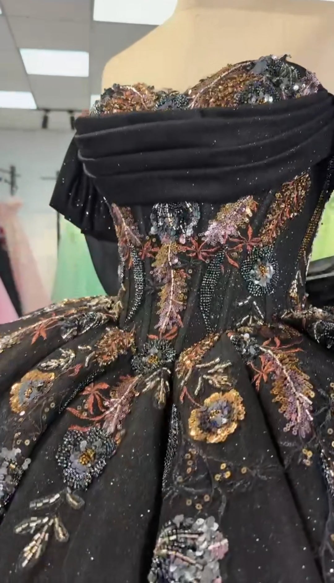 Off The Shoulder Black Multi Colored Floral Lace Sweetheart Draped Sequin Quinceañera, Bridal, Special Occasion, Pageant, Bat Mitzvah Ball Gown