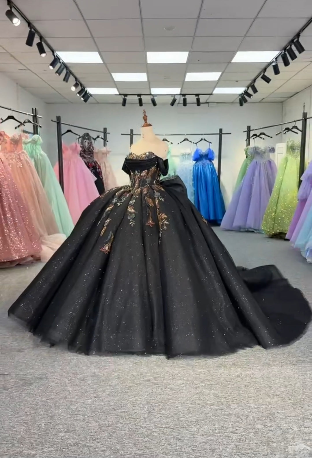 Off The Shoulder Black Multi Colored Floral Lace Sweetheart Draped Sequin Quinceañera, Bridal, Special Occasion, Pageant, Bat Mitzvah Ball Gown