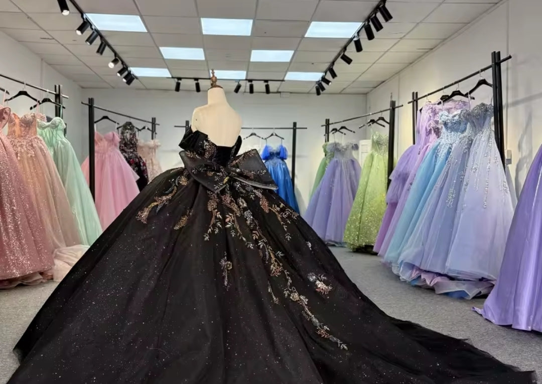 Off The Shoulder Black Multi Colored Floral Lace Sweetheart Draped Sequin Quinceañera, Bridal, Special Occasion, Pageant, Bat Mitzvah Ball Gown