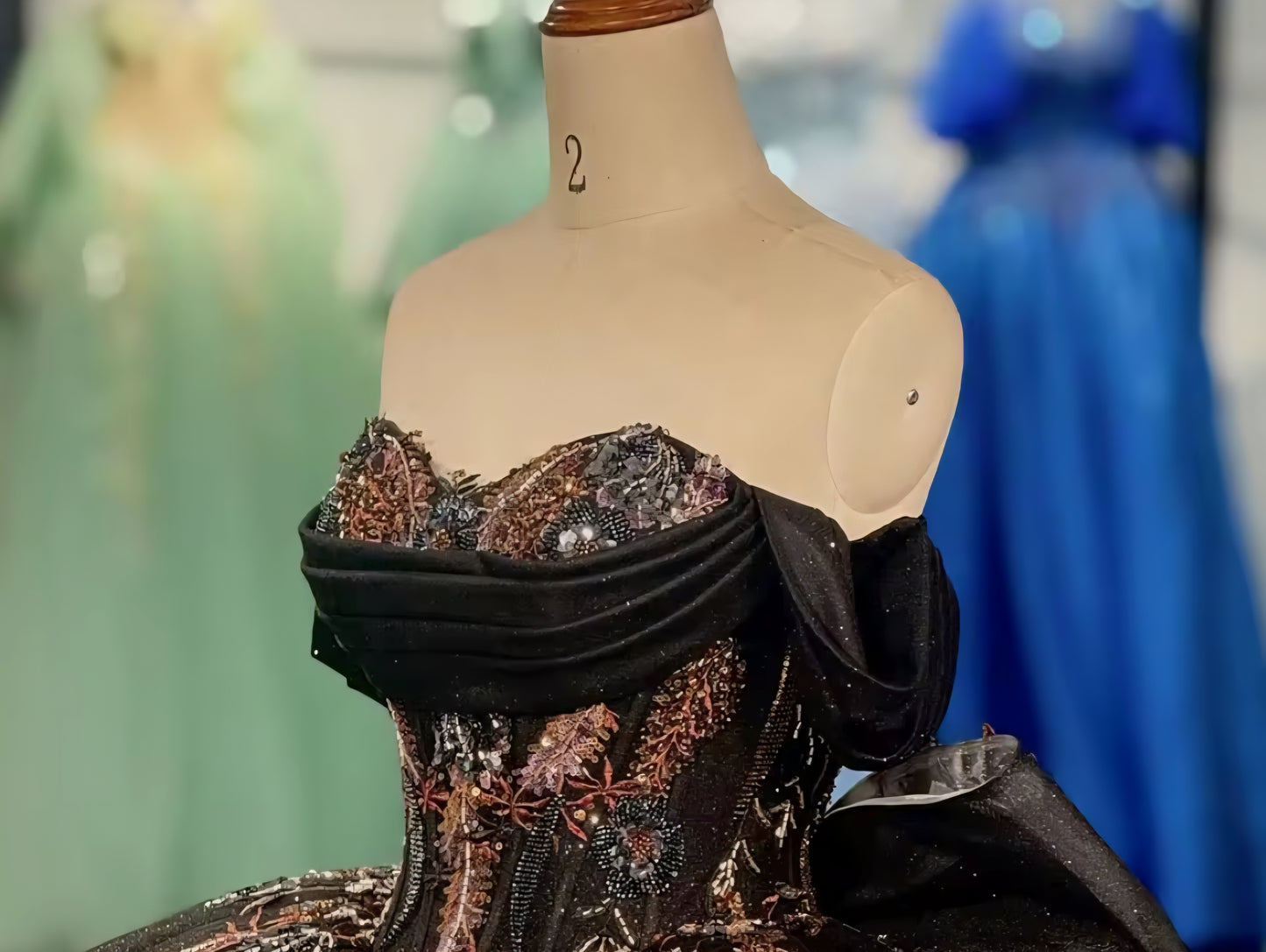 Off The Shoulder Black Multi Colored Floral Lace Sweetheart Draped Sequin Quinceañera, Bridal, Special Occasion, Pageant, Bat Mitzvah Ball Gown