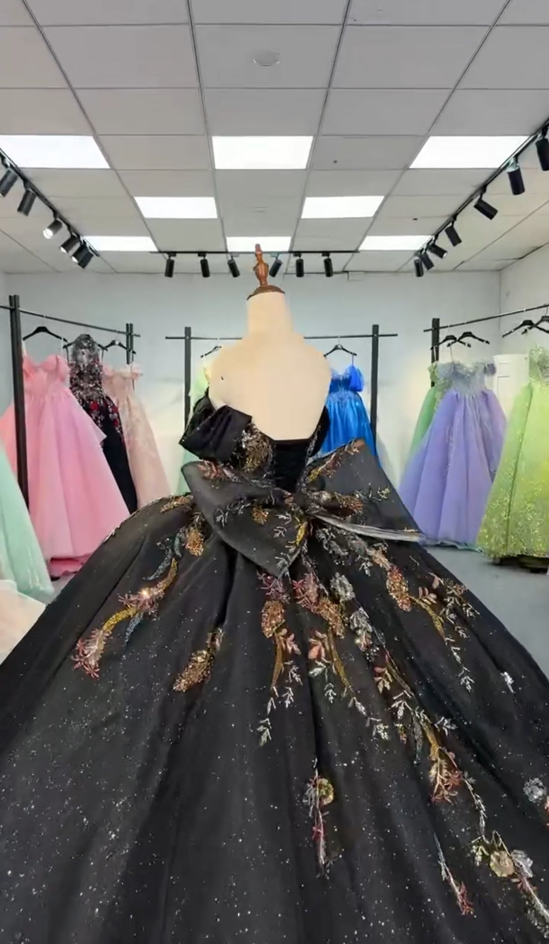 Off The Shoulder Black Multi Colored Floral Lace Sweetheart Draped Sequin Quinceañera, Bridal, Special Occasion, Pageant, Bat Mitzvah Ball Gown