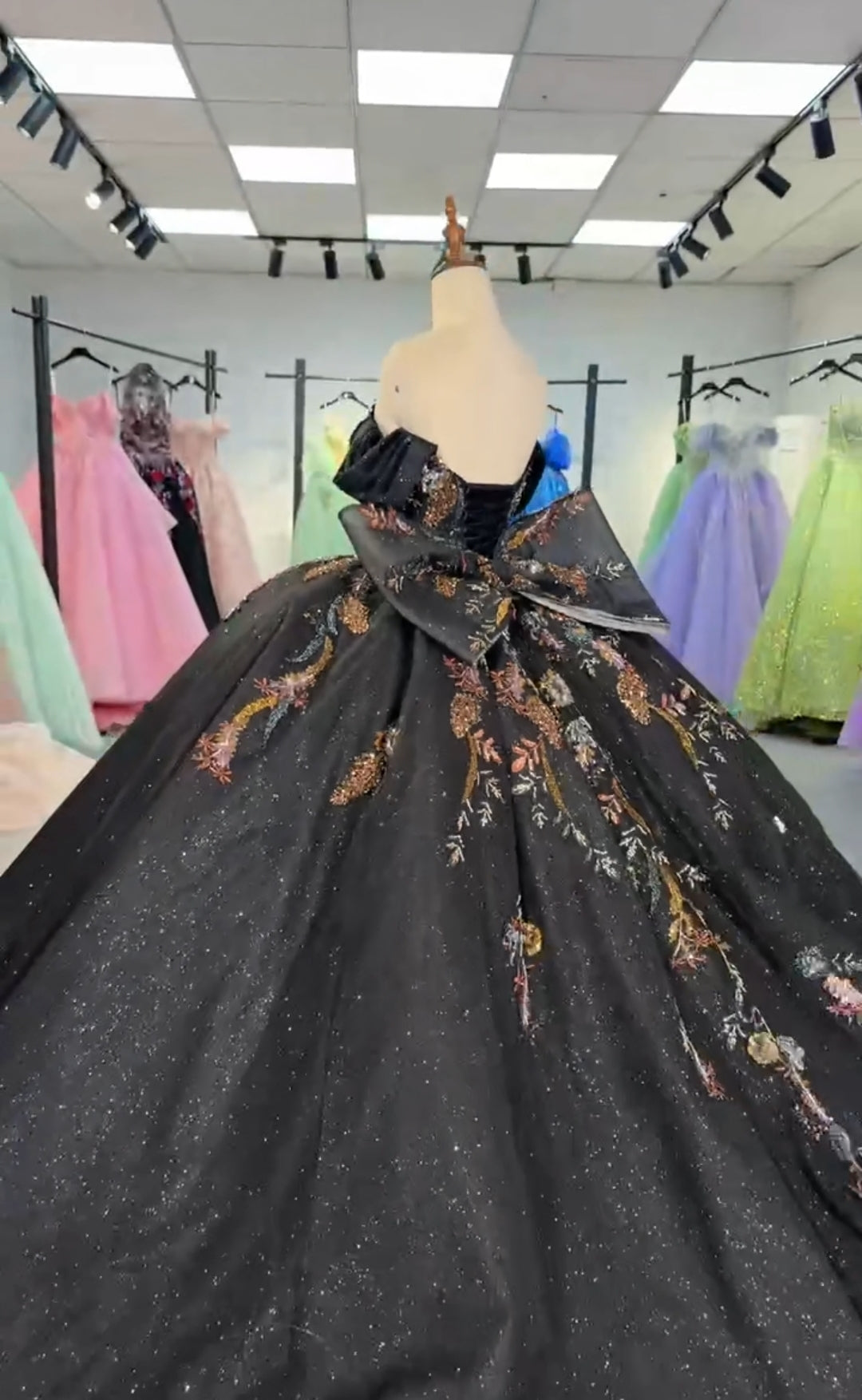Off The Shoulder Black Multi Colored Floral Lace Sweetheart Draped Sequin Quinceañera, Bridal, Special Occasion, Pageant, Bat Mitzvah Ball Gown
