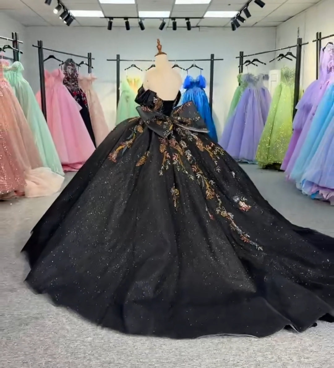 Off The Shoulder Black Multi Colored Floral Lace Sweetheart Draped Sequin Quinceañera, Bridal, Special Occasion, Pageant, Bat Mitzvah Ball Gown