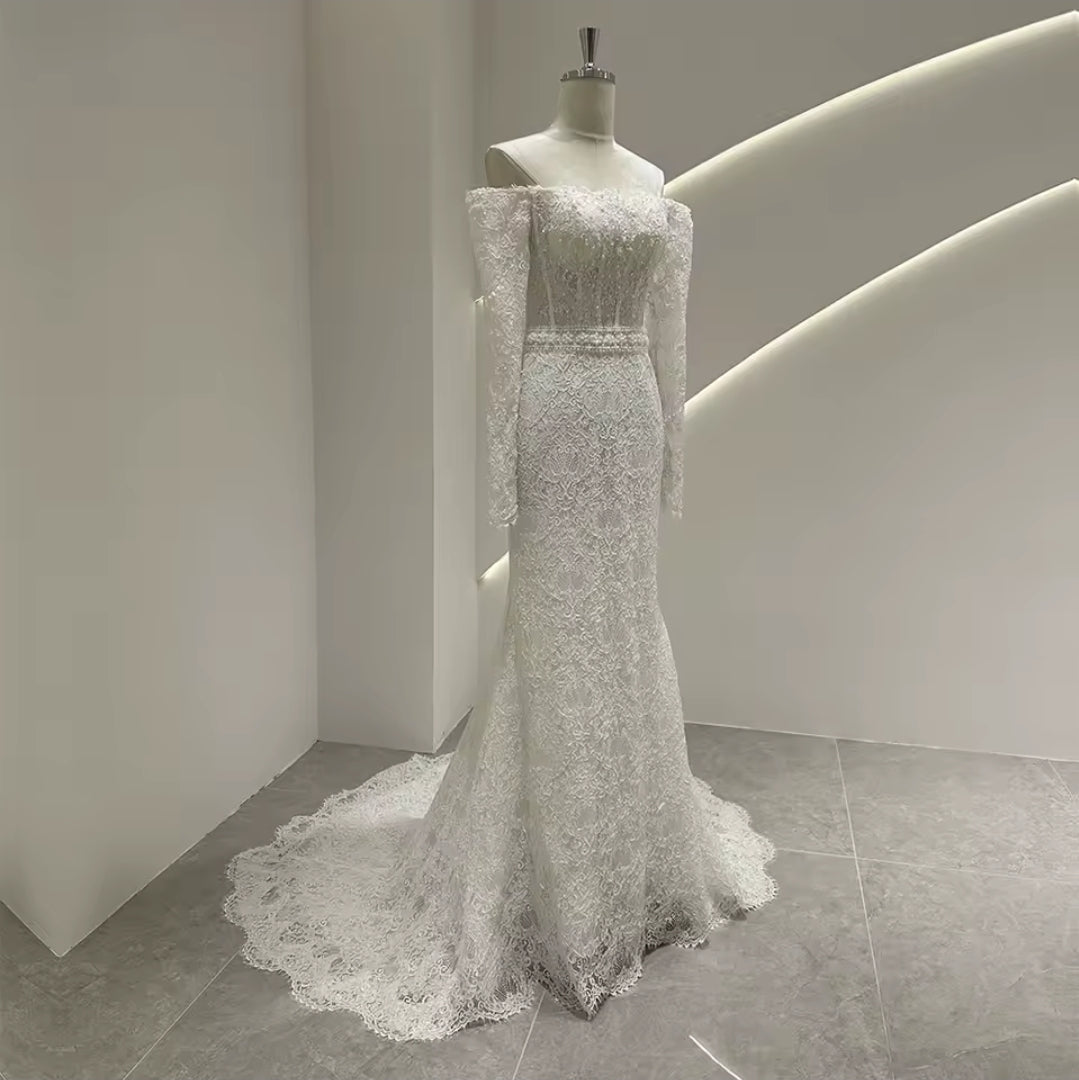 Full Lace With Bodice Scattered Pearl Beading Off The Shoulder 2025 Trumpet Style Bridal Gown With 50cm Train