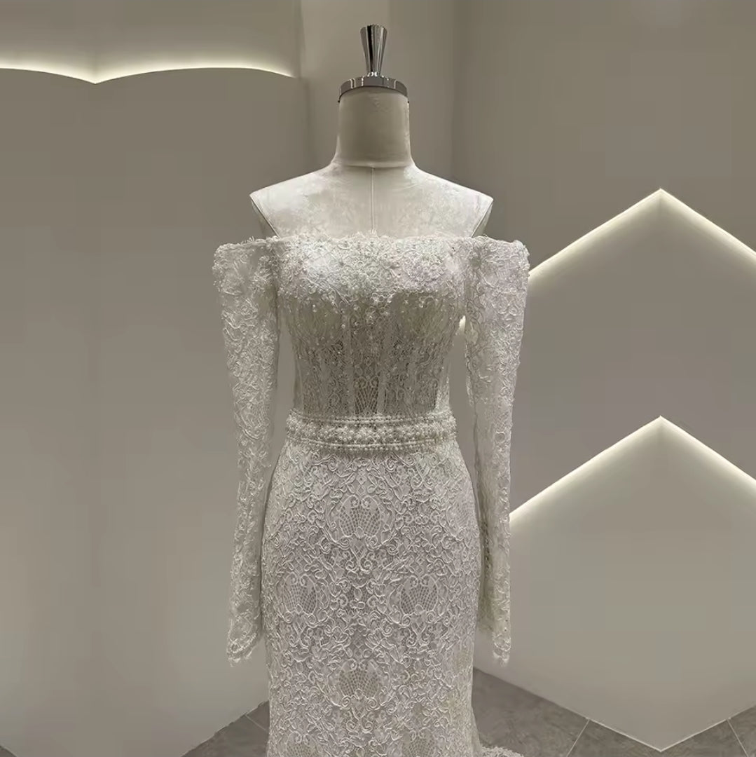 Full Lace With Bodice Scattered Pearl Beading Off The Shoulder 2025 Trumpet Style Bridal Gown With 50cm Train