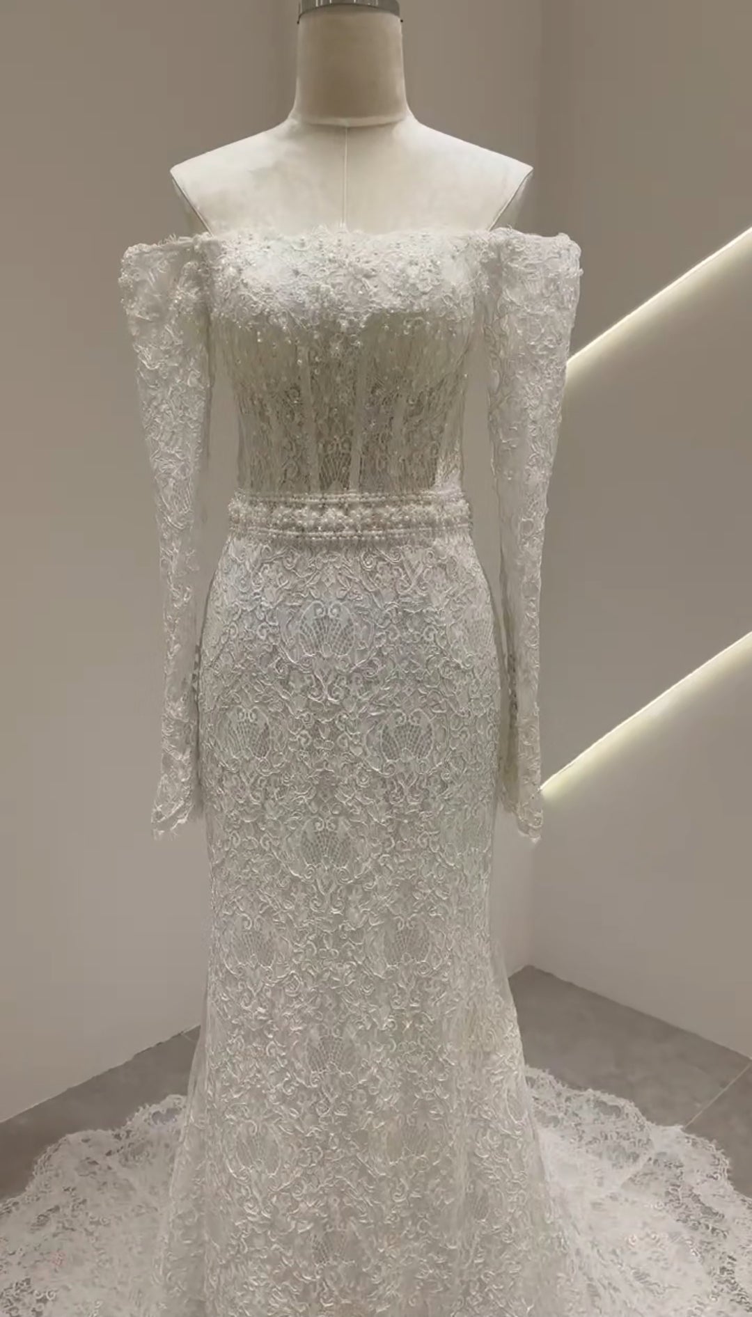 Full Lace With Bodice Scattered Pearl Beading Off The Shoulder 2025 Trumpet Style Bridal Gown With 50cm Train