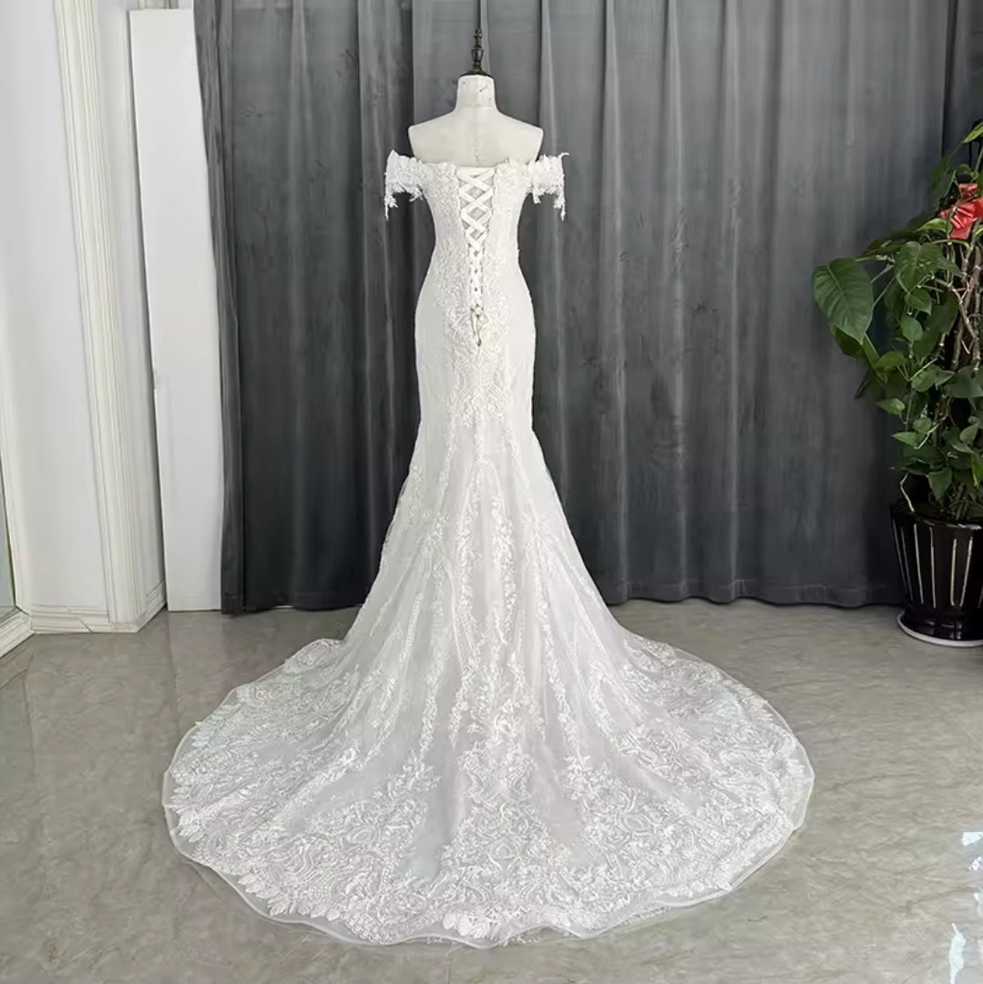Lace Off The Shoulder Form Fitting Fit To Flare Sweetheart 2025 Ceremonial Bridal Gown With 50cm Train