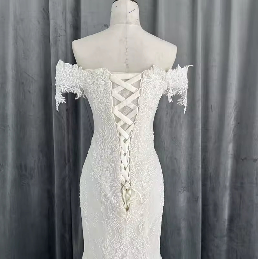 Lace Off The Shoulder Form Fitting Fit To Flare Sweetheart 2025 Ceremonial Bridal Gown With 50cm Train