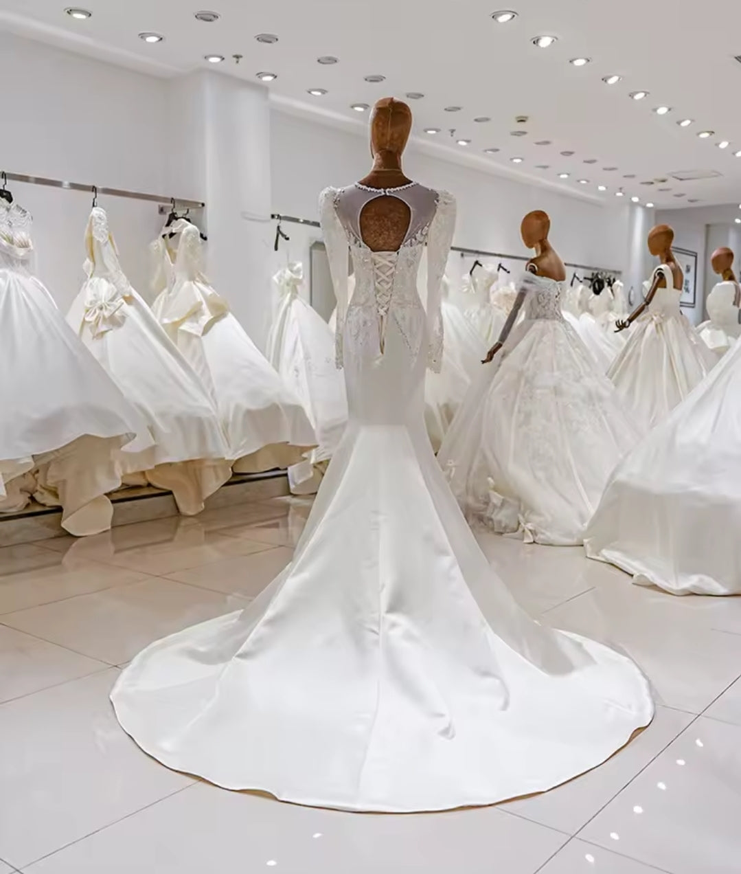 Long Sleeve Modest Satin Beaded Appliqués Elegant Bridal & Ceremonial Gown With 50cm Train