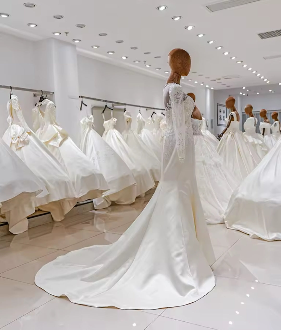 Long Sleeve Modest Satin Beaded Appliqués Elegant Bridal & Ceremonial Gown With 50cm Train