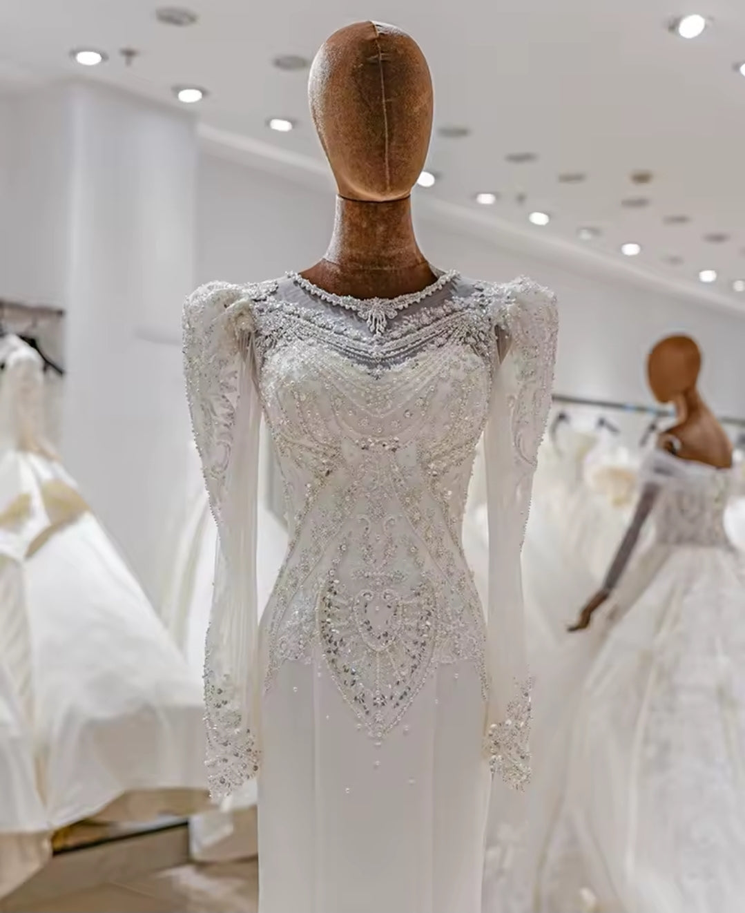 Long Sleeve Modest Satin Beaded Appliqués Elegant Bridal & Ceremonial Gown With 50cm Train