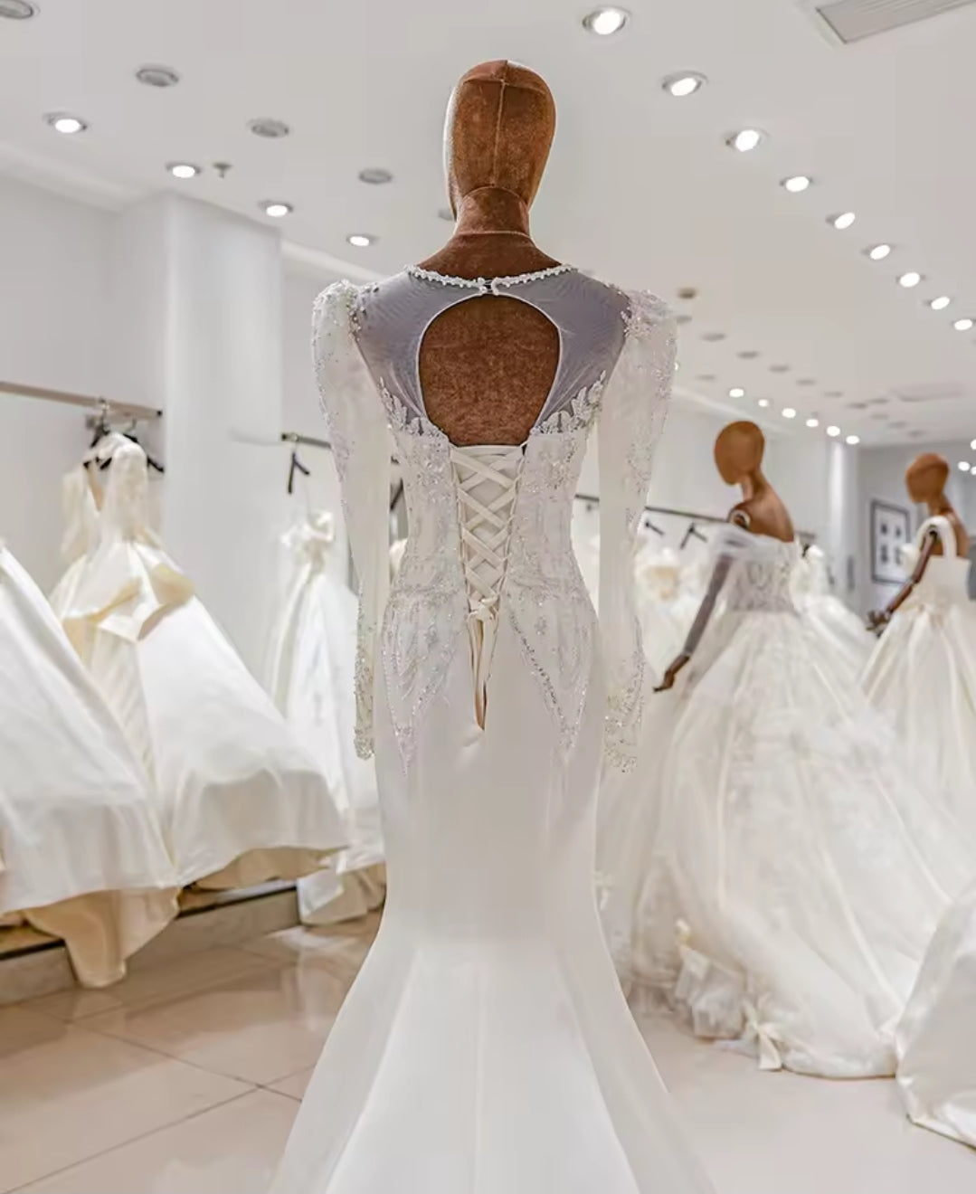 Long Sleeve Modest Satin Beaded Appliqués Elegant Bridal & Ceremonial Gown With 50cm Train