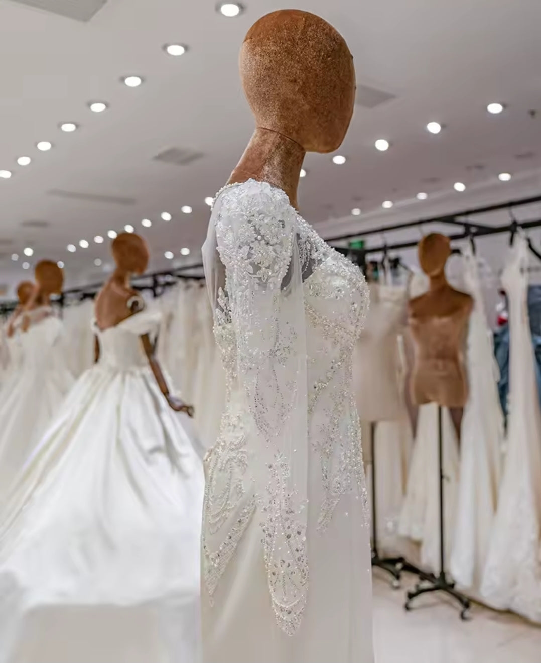 Long Sleeve Modest Satin Beaded Appliqués Elegant Bridal & Ceremonial Gown With 50cm Train