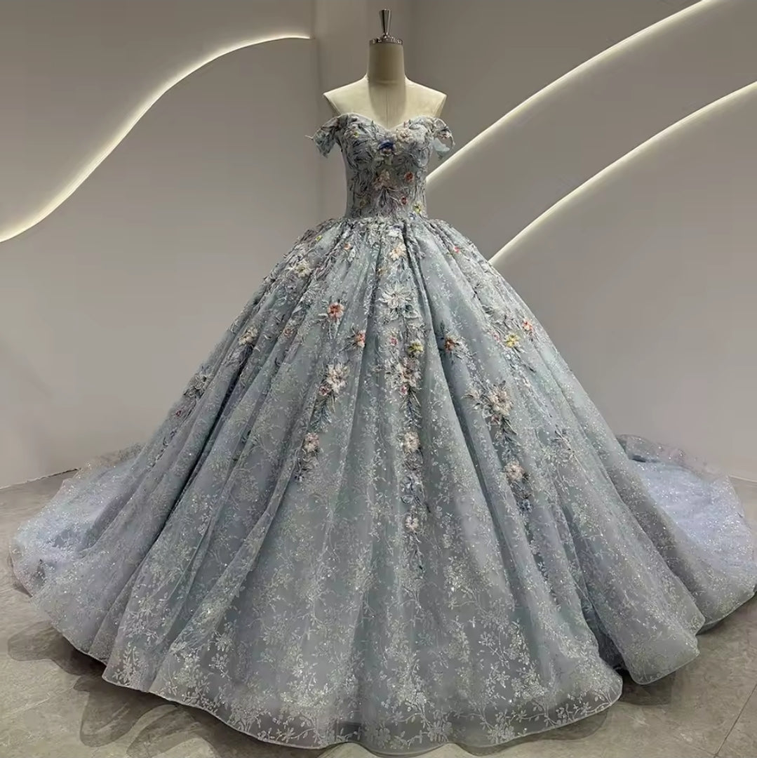 2025 Ice Blue Floral Multi Beaded Appliqués Non-Traditional A-Line Bridal And Ceremonial Ball Gown