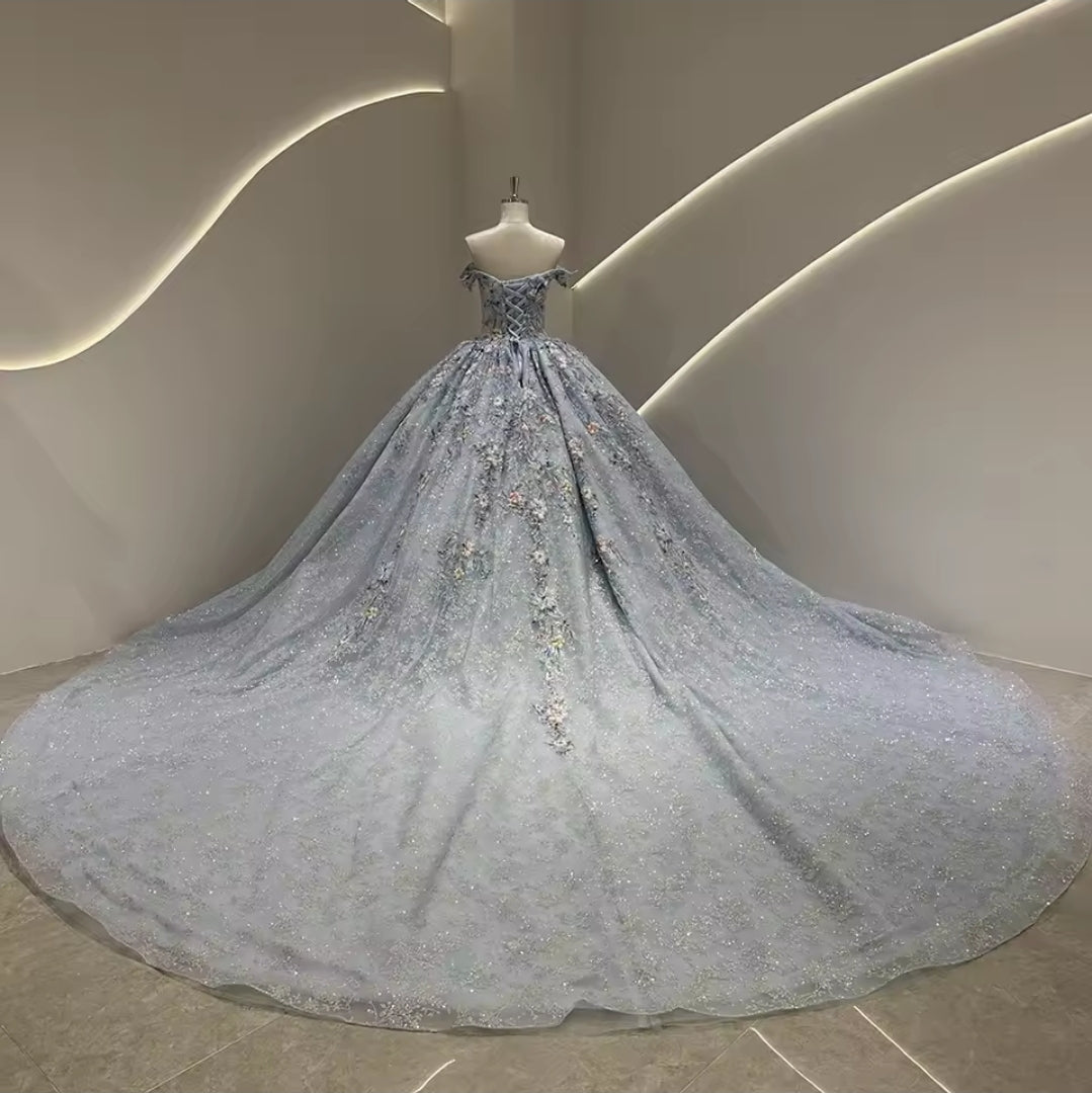 2025 Ice Blue Floral Multi Beaded Appliqués Non-Traditional A-Line Bridal And Ceremonial Ball Gown