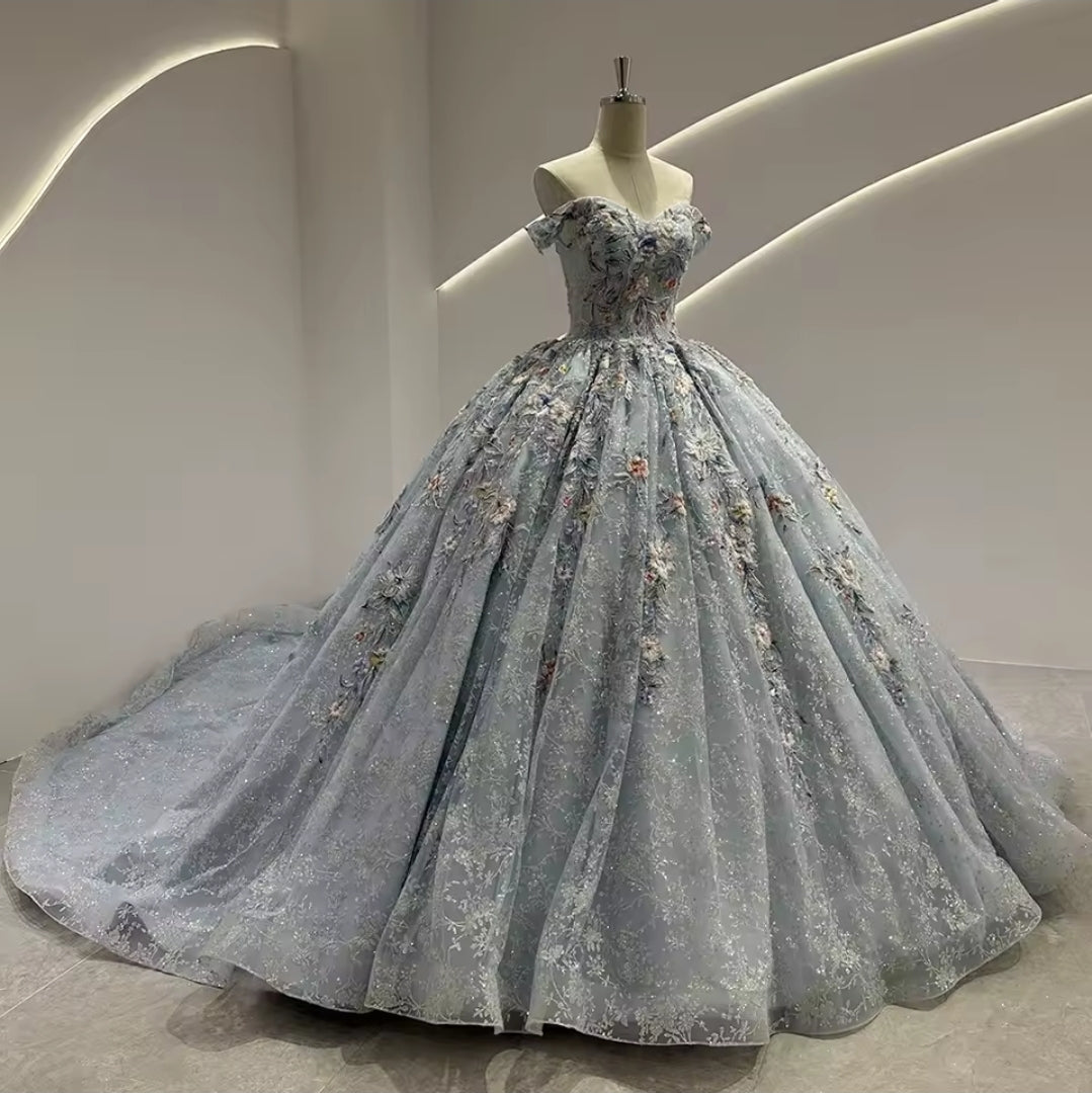 2025 Ice Blue Floral Multi Beaded Appliqués Non-Traditional A-Line Bridal And Ceremonial Ball Gown