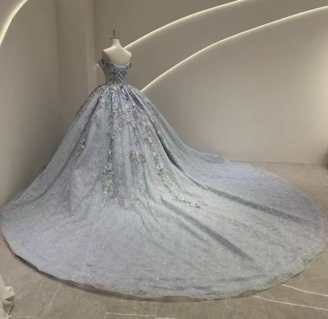 2025 Ice Blue Floral Multi Beaded Appliqués Non-Traditional A-Line Bridal And Ceremonial Ball Gown