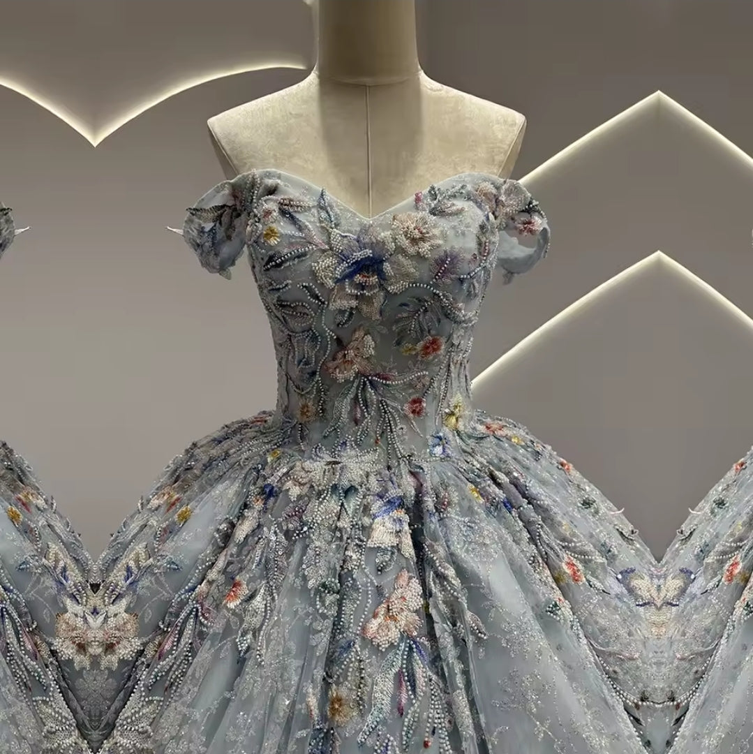 2025 Ice Blue Floral Multi Beaded Appliqués Non-Traditional A-Line Bridal And Ceremonial Ball Gown