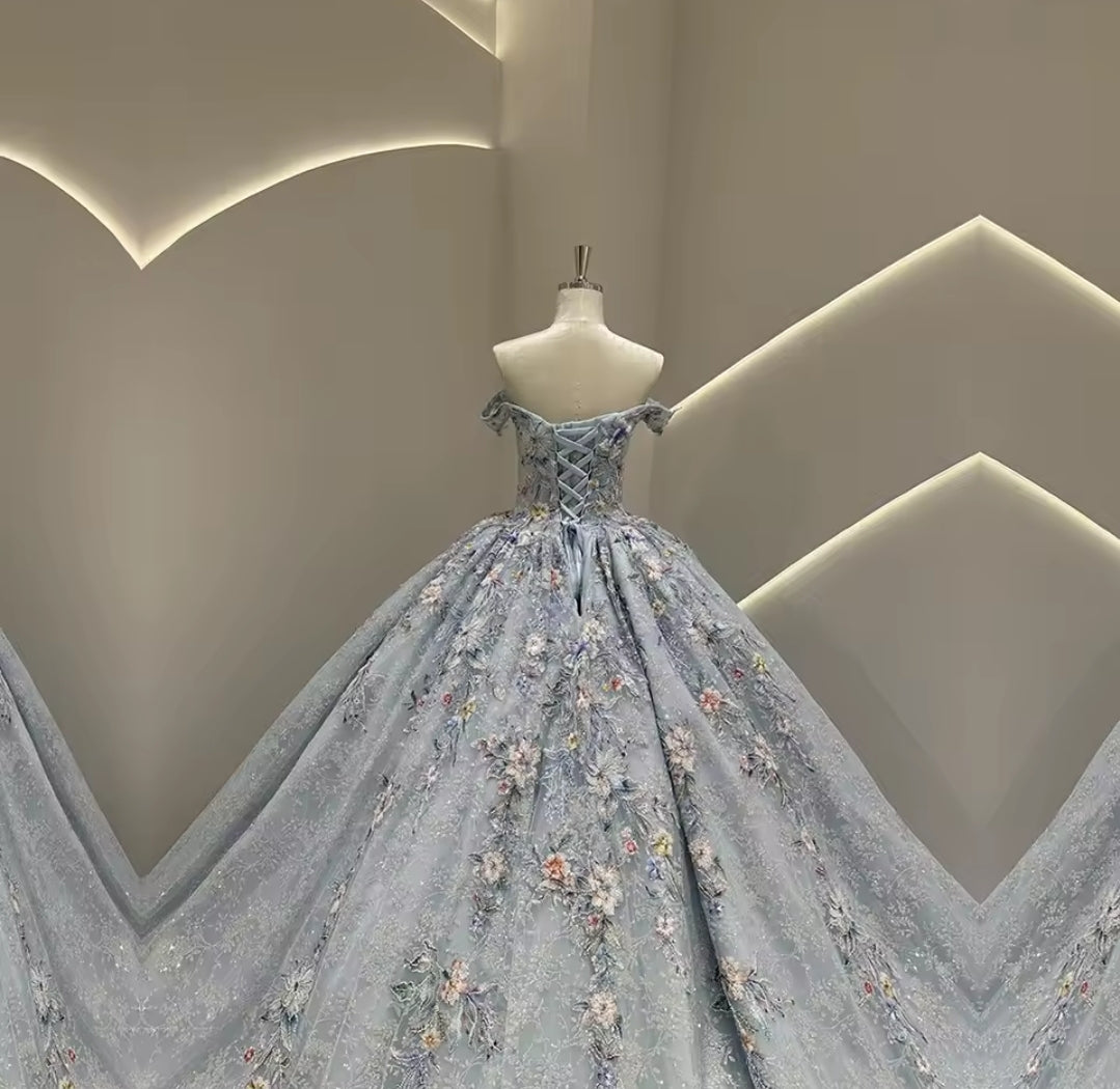 2025 Ice Blue Floral Multi Beaded Appliqués Non-Traditional A-Line Bridal And Ceremonial Ball Gown