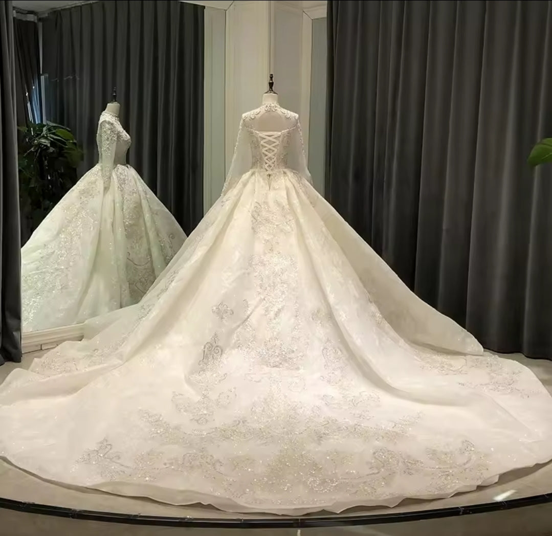 Modest 2025 Sweetheart Mid Neck Sheer Long Sleeve Beaded Detail A-Line Elegance Bridal Princess Ball Gown