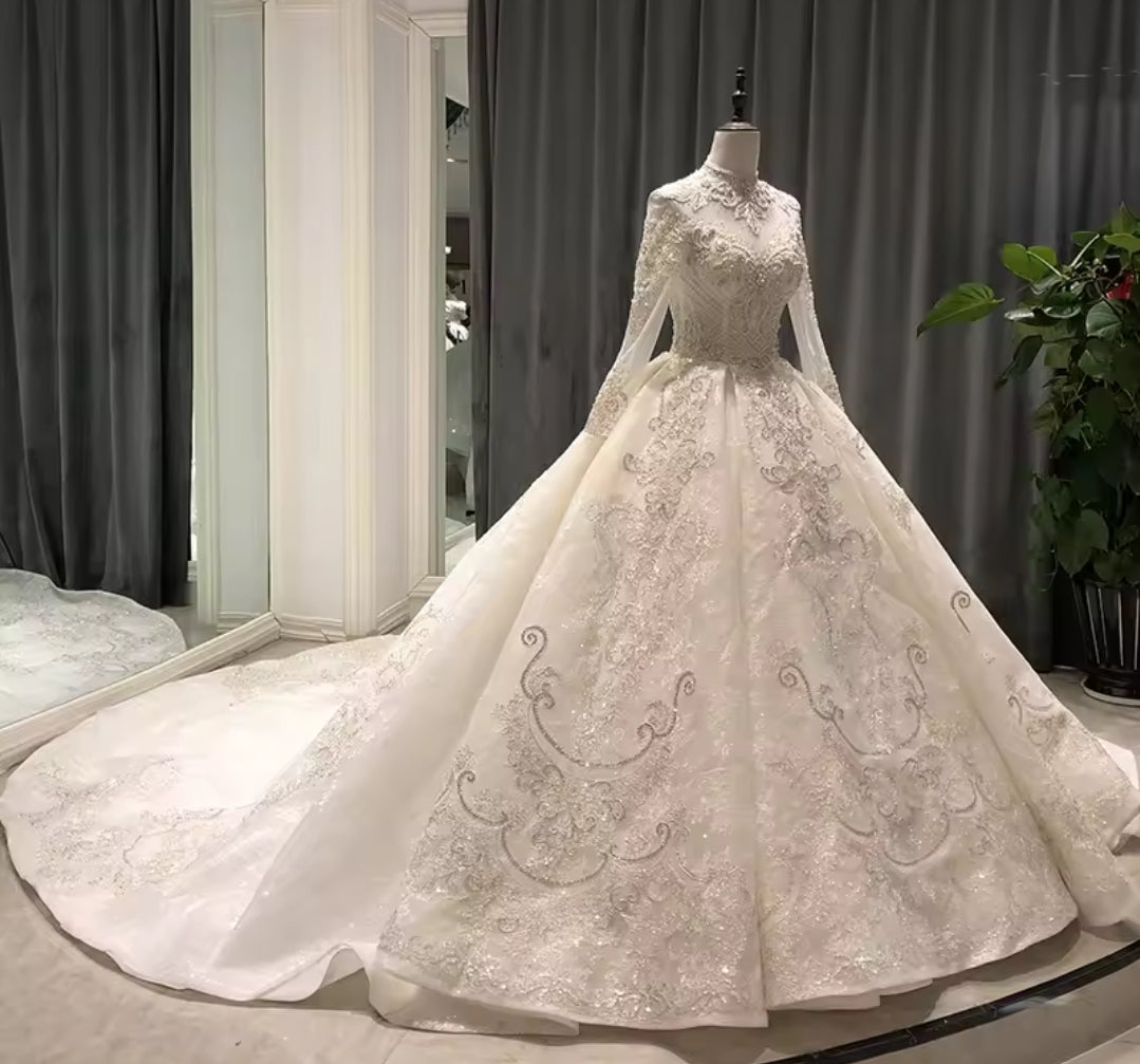 Modest 2025 Sweetheart Mid Neck Sheer Long Sleeve Beaded Detail A-Line Elegance Bridal Princess Ball Gown