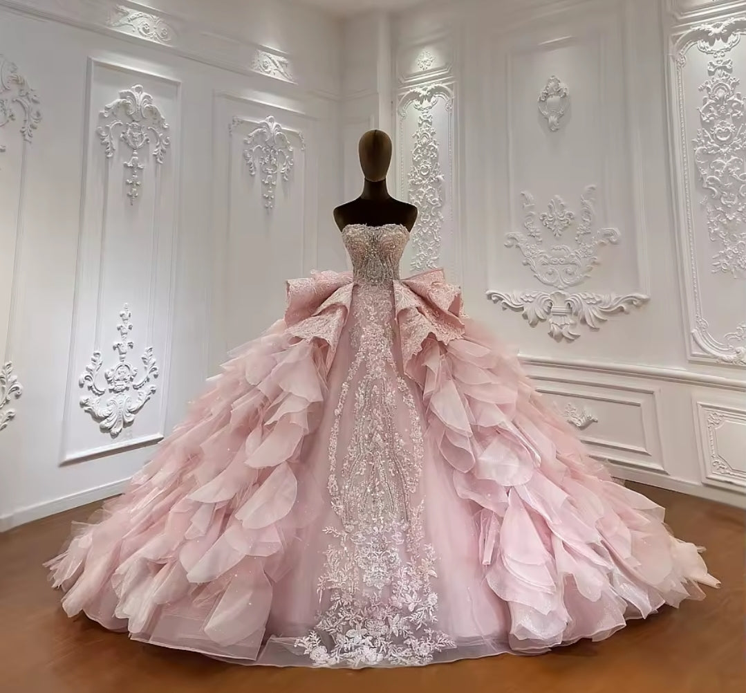 Strapless Pink Bella Princess Sweetheart Beaded Sequinned Layered Quinceañera Ball Gown With Detached Cap Sleeve Neck Piece And Train