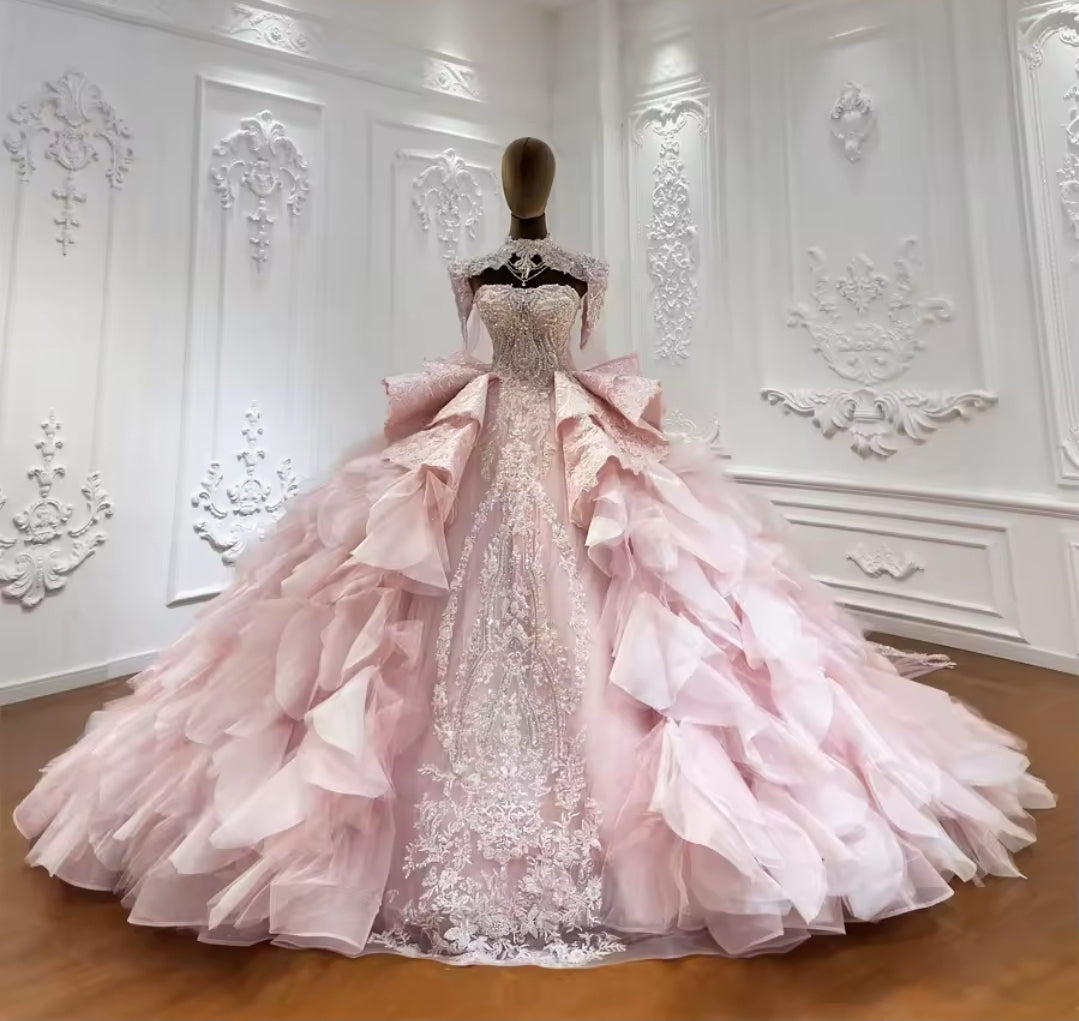 Strapless Pink Bella Princess Sweetheart Beaded Sequinned Layered Quinceañera Ball Gown With Detached Cap Sleeve Neck Piece And Train