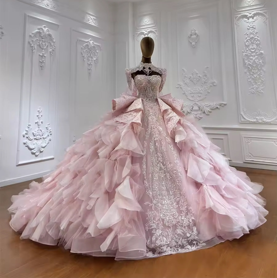 Strapless Pink Bella Princess Sweetheart Beaded Sequinned Layered Quinceañera Ball Gown With Detached Cap Sleeve Neck Piece And Train