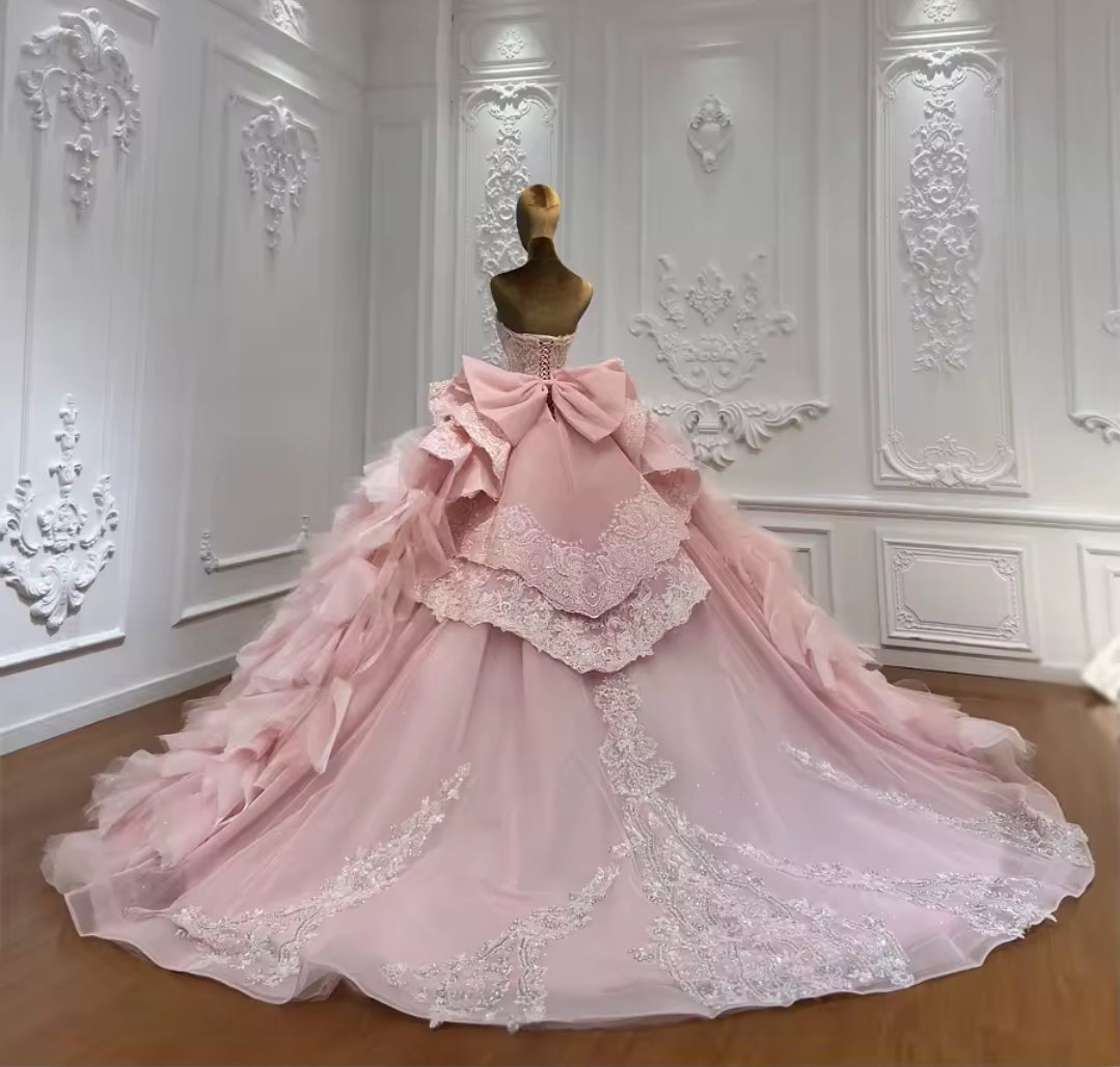 Strapless Pink Bella Princess Sweetheart Beaded Sequinned Layered Quinceañera Ball Gown With Detached Cap Sleeve Neck Piece And Train
