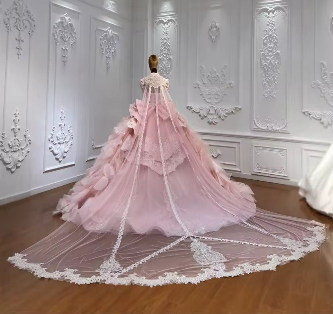 Strapless Pink Bella Princess Sweetheart Beaded Sequinned Layered Quinceañera Ball Gown With Detached Cap Sleeve Neck Piece And Train