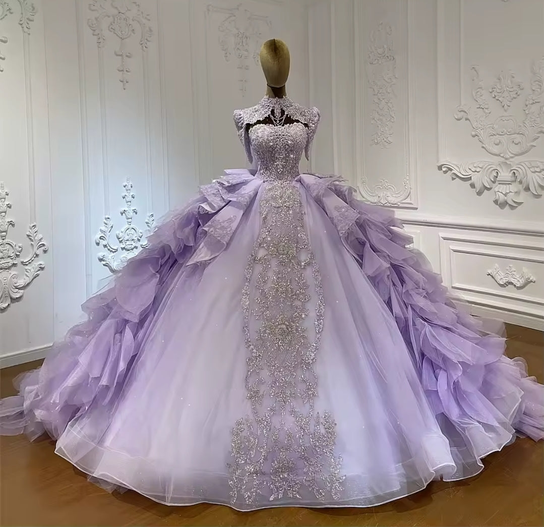 Strapless Purple Bella Princess Sweetheart Beaded Sequinned Layered Quinceañera Ball Gown With Detached Cap Sleeve Neck Piece And Train.