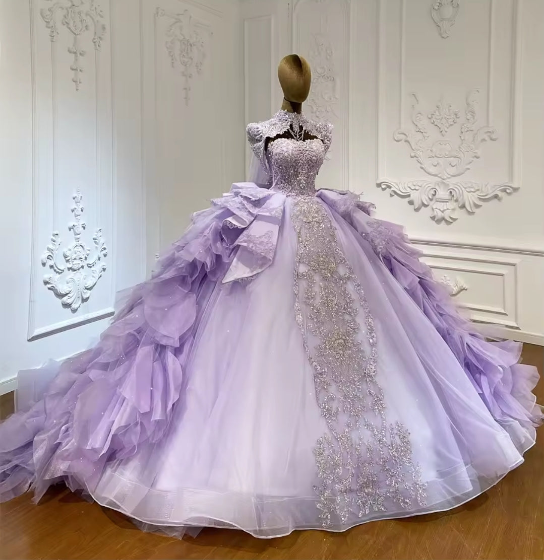 Strapless Purple Bella Princess Sweetheart Beaded Sequinned Layered Quinceañera Ball Gown With Detached Cap Sleeve Neck Piece And Train.