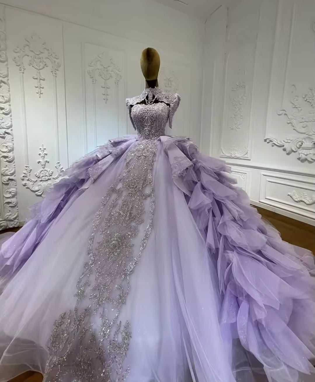 Strapless Purple Bella Princess Sweetheart Beaded Sequinned Layered Quinceañera Ball Gown With Detached Cap Sleeve Neck Piece And Train.