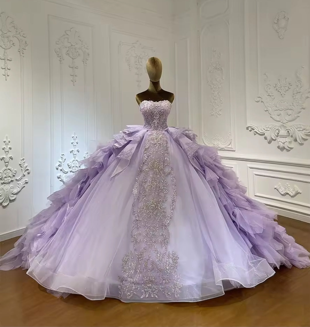 Strapless Purple Bella Princess Sweetheart Beaded Sequinned Layered Quinceañera Ball Gown With Detached Cap Sleeve Neck Piece And Train.