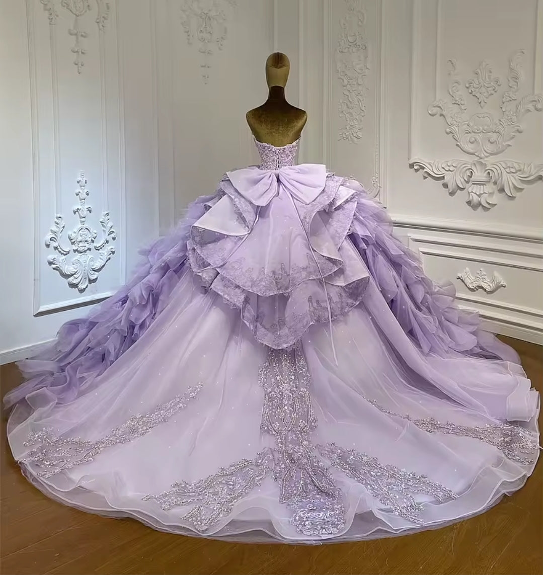 Strapless Purple Bella Princess Sweetheart Beaded Sequinned Layered Quinceañera Ball Gown With Detached Cap Sleeve Neck Piece And Train.