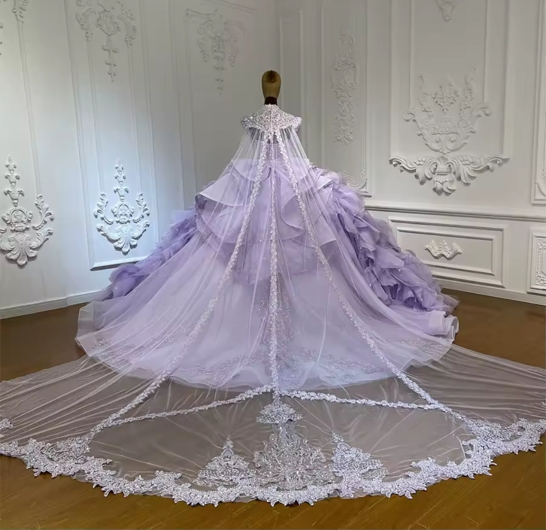 Strapless Purple Bella Princess Sweetheart Beaded Sequinned Layered Quinceañera Ball Gown With Detached Cap Sleeve Neck Piece And Train.