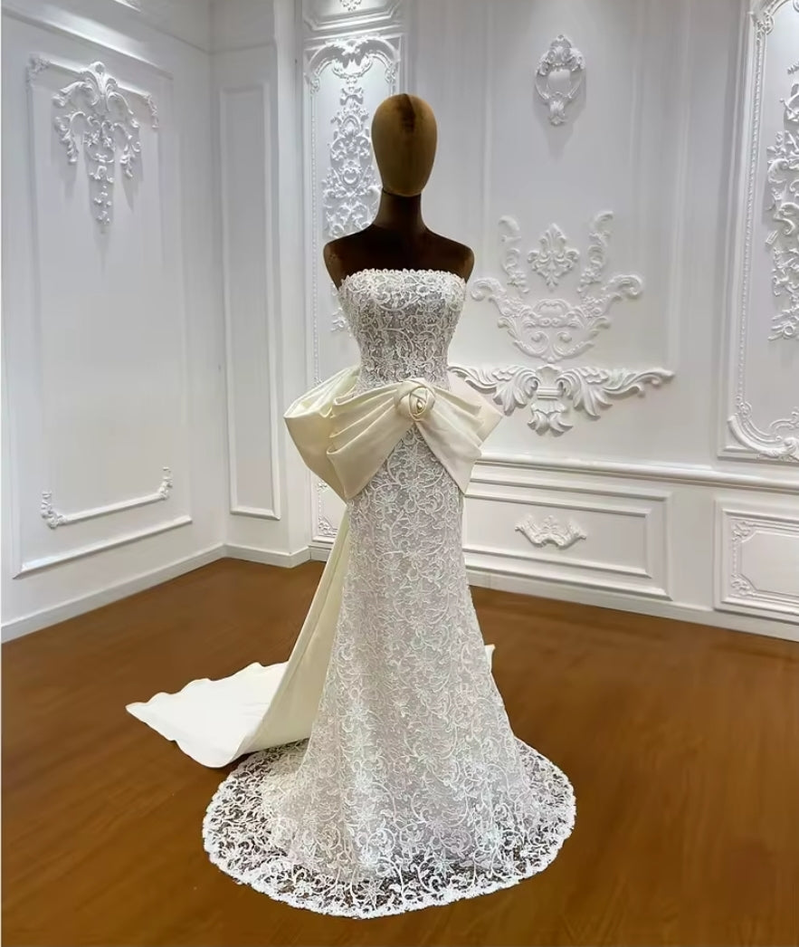 Strapless 2025 Full Lace Mermaid Bridal Gown With Beautiful Detachable Satin Bow Waist Train